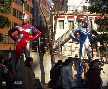Ultraman statues in Tokyo.