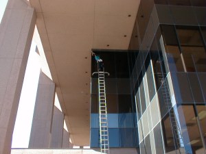 Shaun uses a ladder to access and give this 40 foot wall of windows the heavy scrubbing that it needs. 