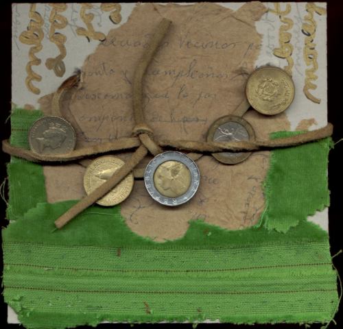 Collage/construction -- coins, rawhide, fabric, cardboard, etc.