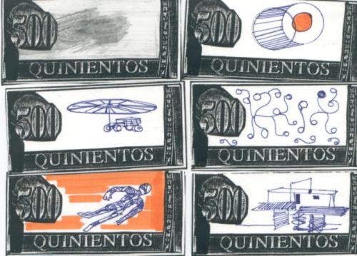 Photocopied and hand decorated Quinientos notes.