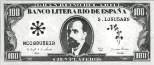 Xerox copy on slick paper of a100 Plateros note.  It's Spanish, I think, the seals having been replaced with graphics of the artist's choosing.