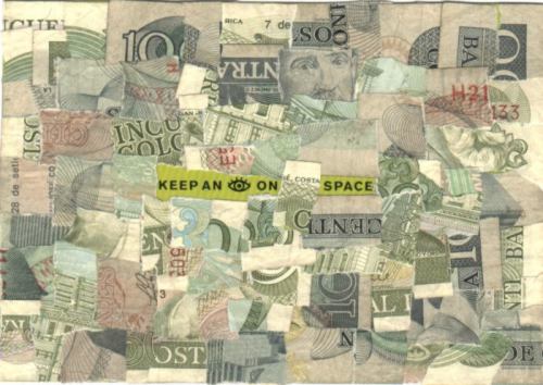 Collage composed of various pieces of torn up European currencies