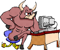 Bull sitting at computer